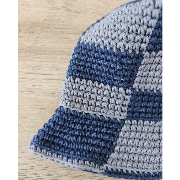 Checkered Crochet Bucket Hat - Navy/Gray (Handmade) - Picture 8 of 11